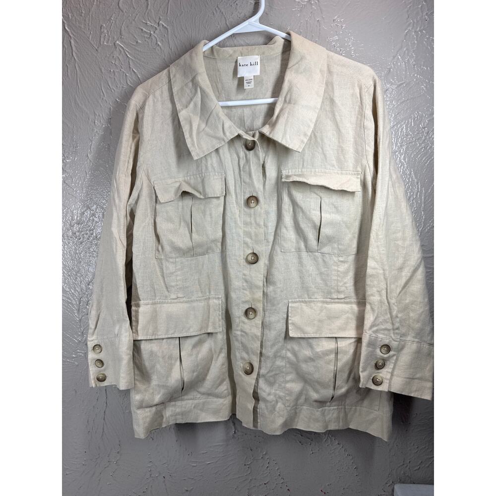 KATE HILL‎ Tan Linen Button Front Jacket Smocked Utility Safari Womens Size 16